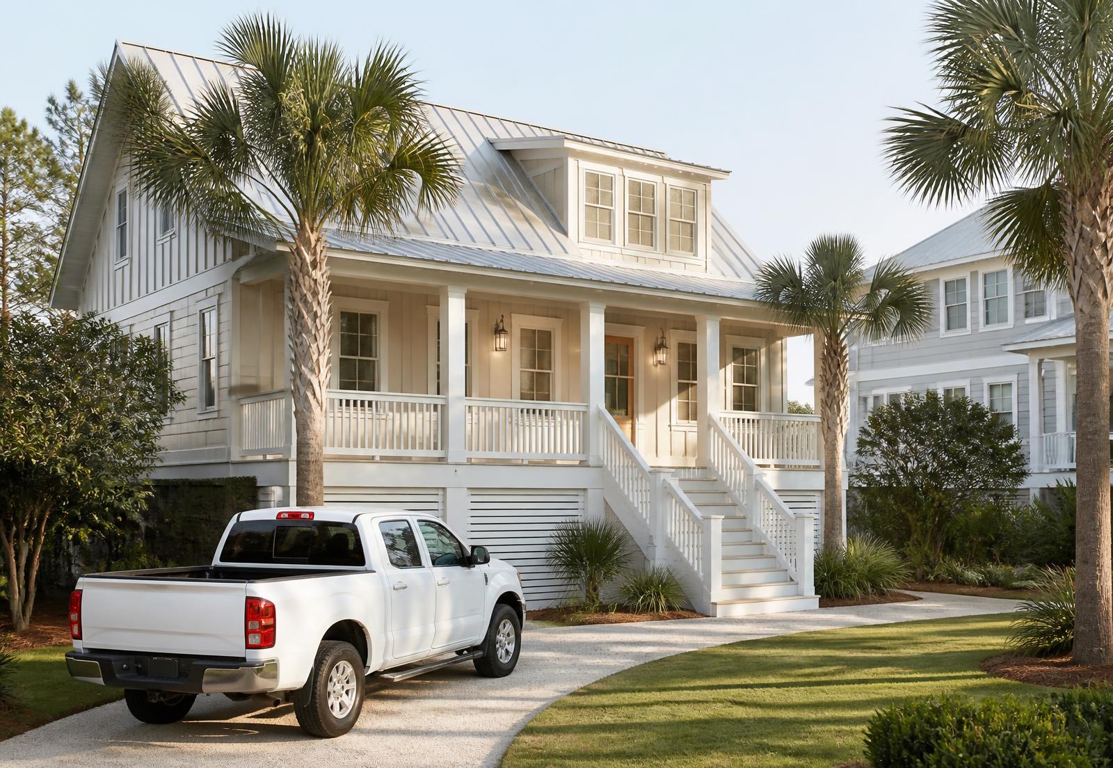A service pickup truck parked outside a coastal vacation rental home